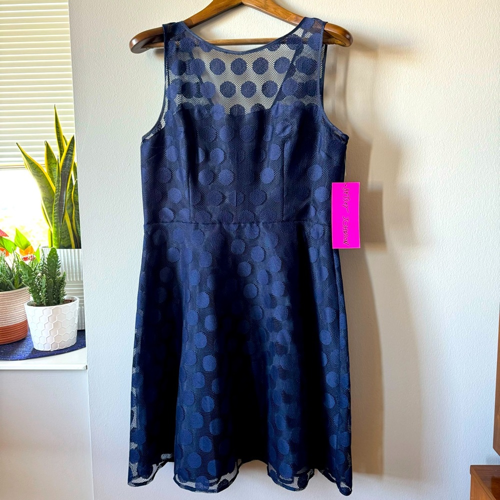 Betsey Johnson Illusion Navy Polka Dot Fit and Flare Party Dress Size 14, NWT